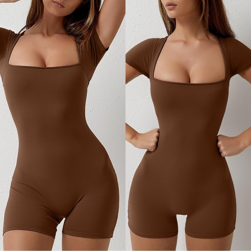 Short Sleeve Bodycon Romper Stretchy Square Neck Sexy Unitard Jumpsuit